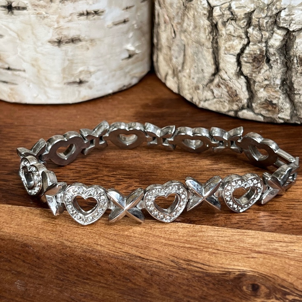 Silver Tone Heart XO Rhinestone Link Bracelet Romantic Glam